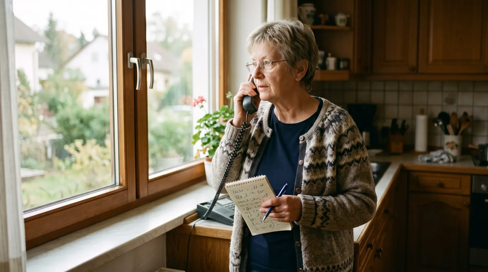 Frau um die 66 telefoniert am Küchenfenster und hält einen kleinen Notizblock