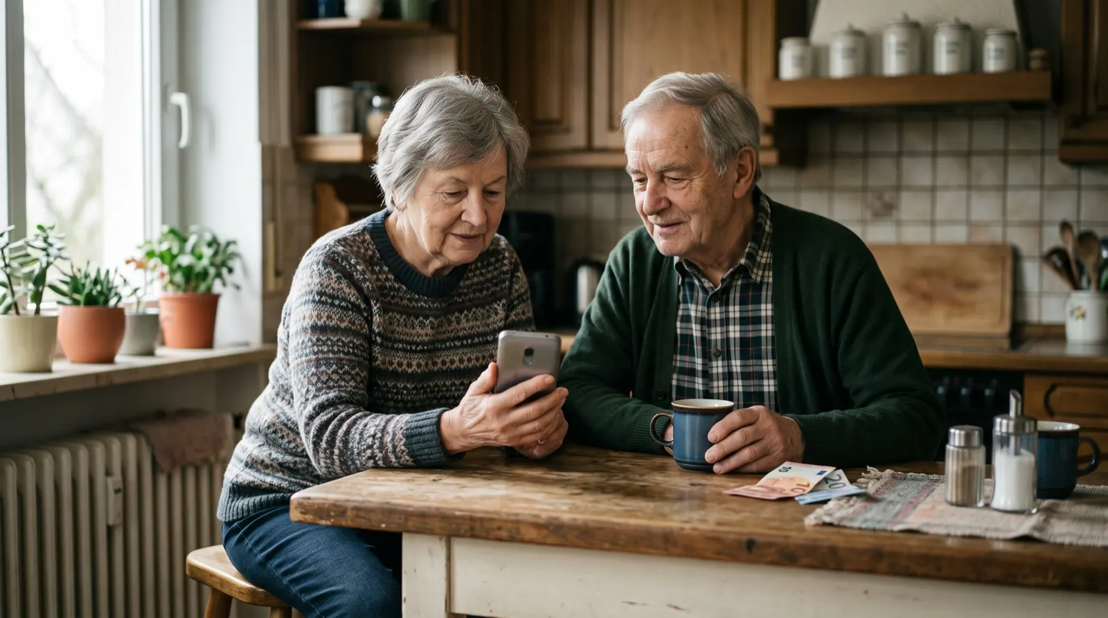 Paar um die 70 an der Küchentheke, sie mit Smartphone, er mit Kaffeetasse