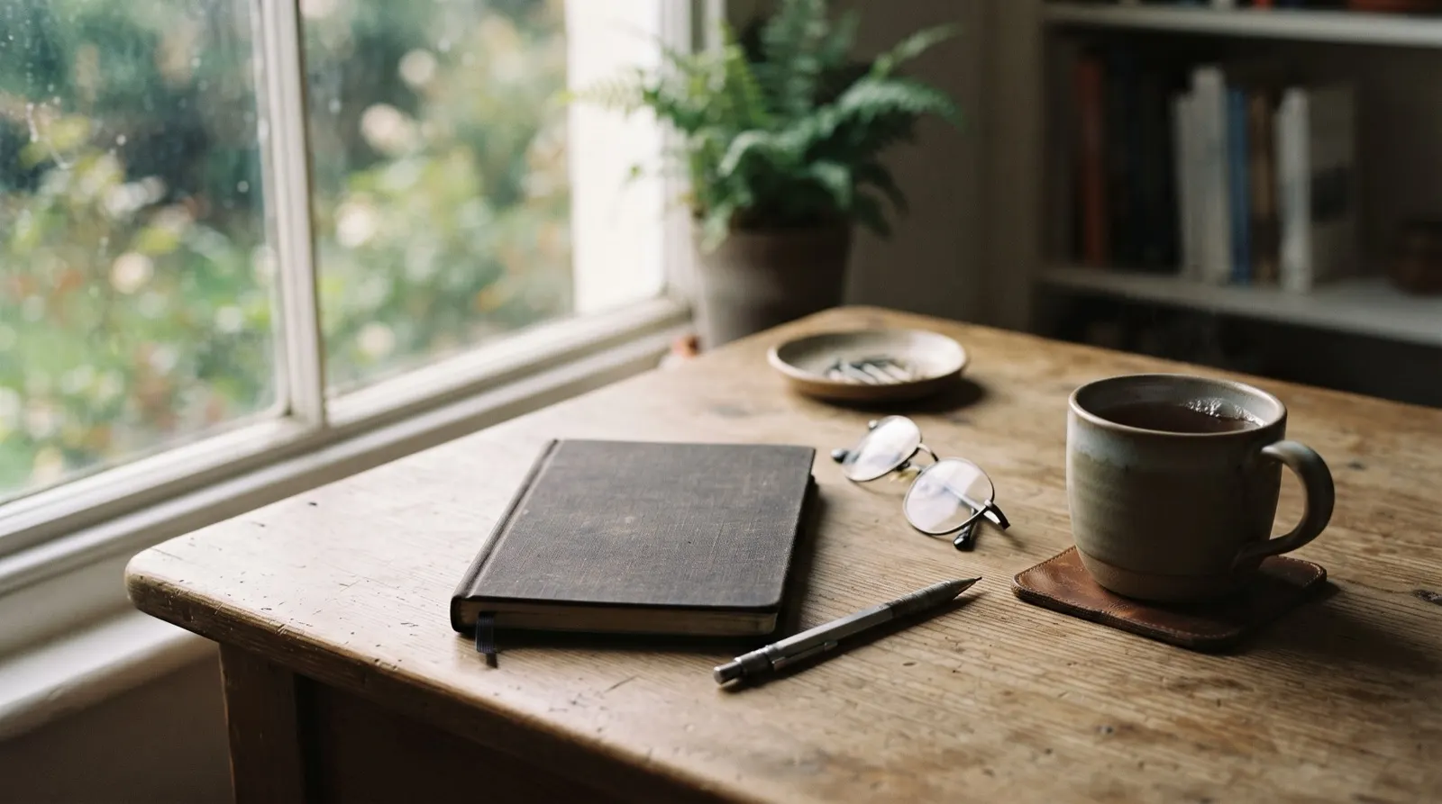 Ruhiger Schreibtisch am Fenster mit Bleistift, Notizbuch, Lesebrille und einer Tasse Tee
