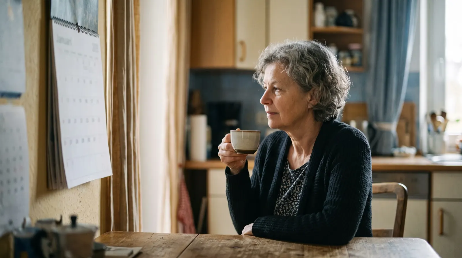 Frau um die 69 sitzt mit einer Tasse Kaffee am Küchentisch und blickt auf einen Wandkalender