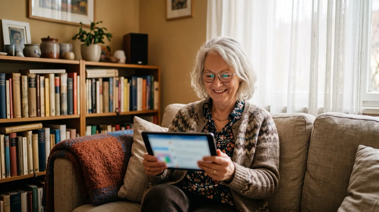 Frau um die 70 sitzt mit einem Tablet auf dem Sofa, das Display unscharf