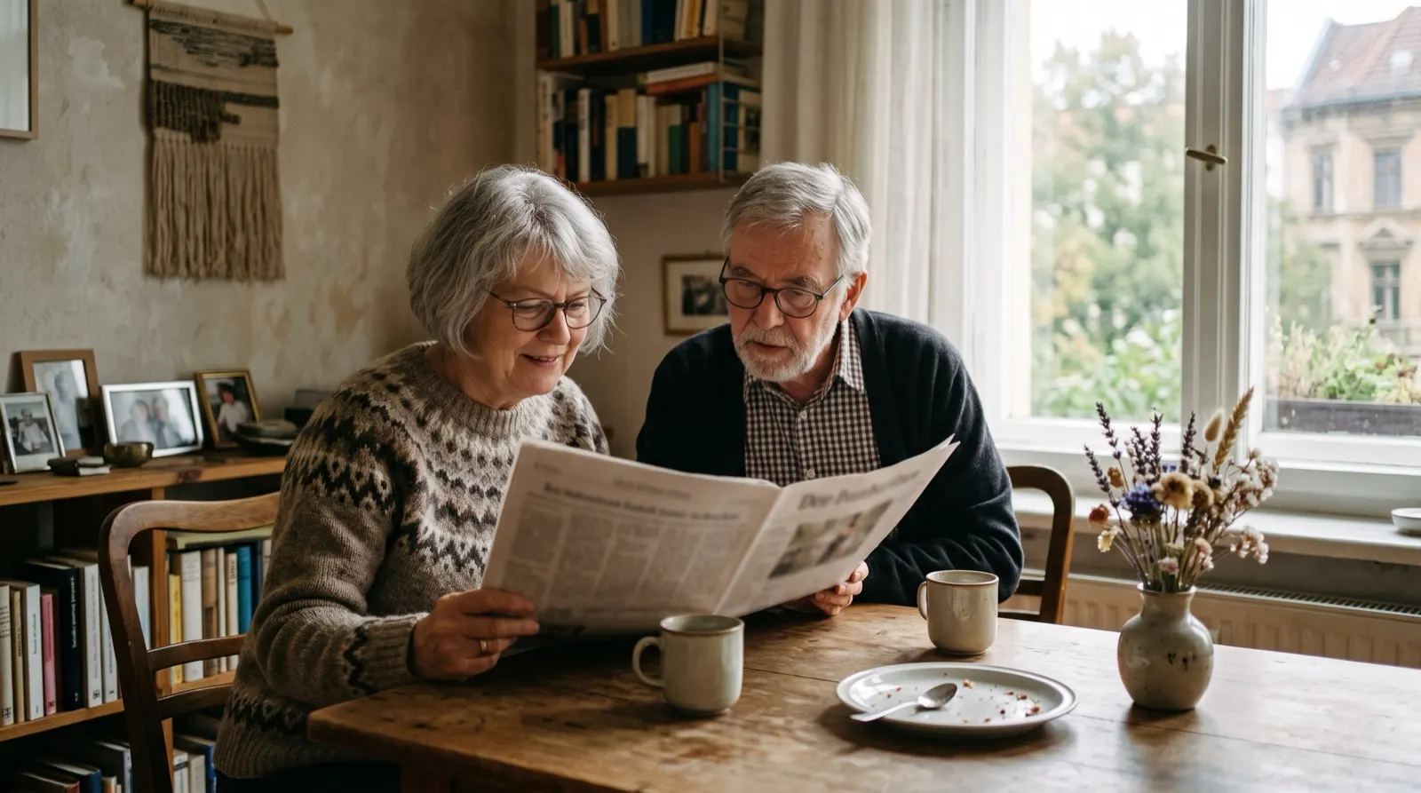 Paar Ende sechzig liest gemeinsam am Esstisch eine Zeitung