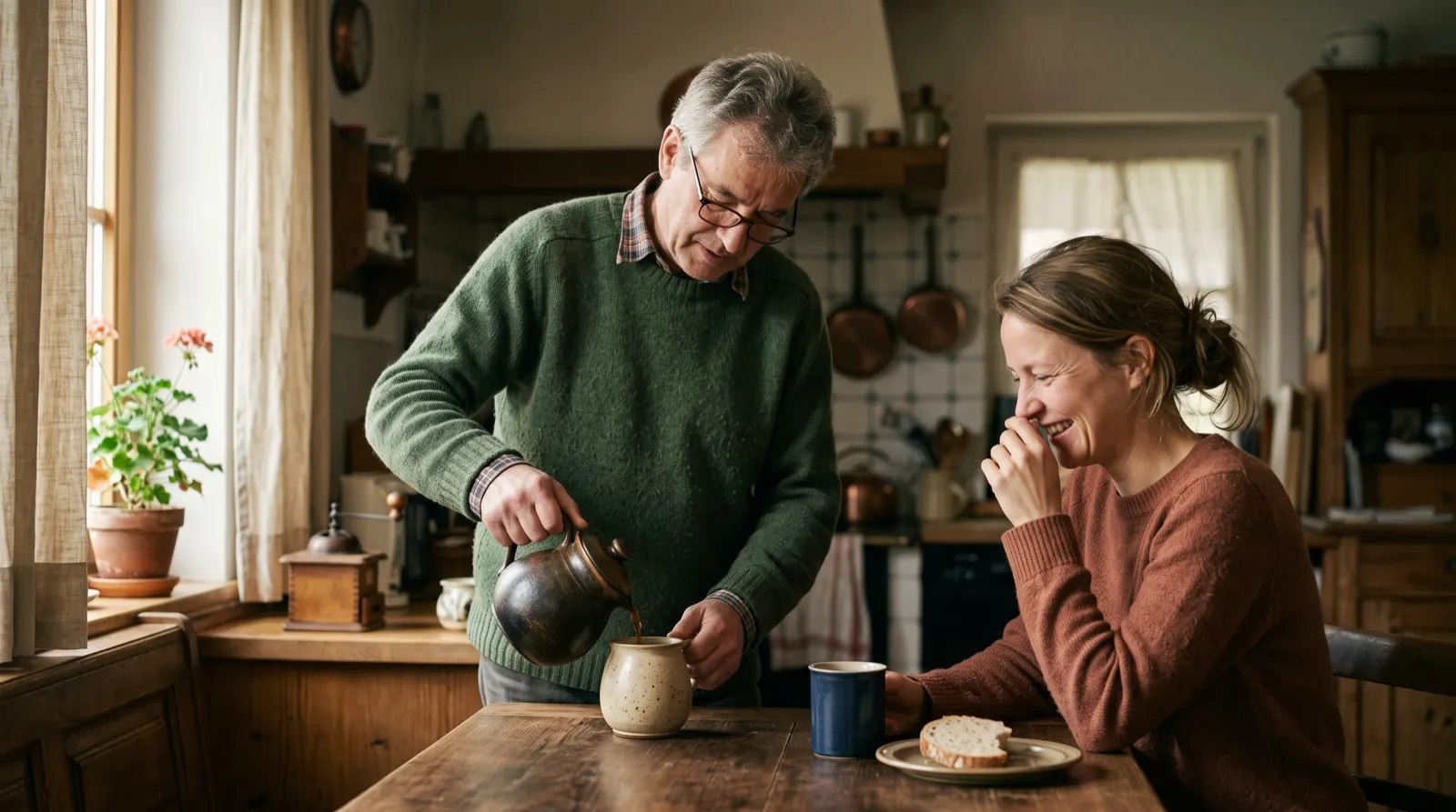 Mann um die 68 schenkt in einer hellen Küche Kaffee ein, seine erwachsene Tochter sitzt lachend am Tisch